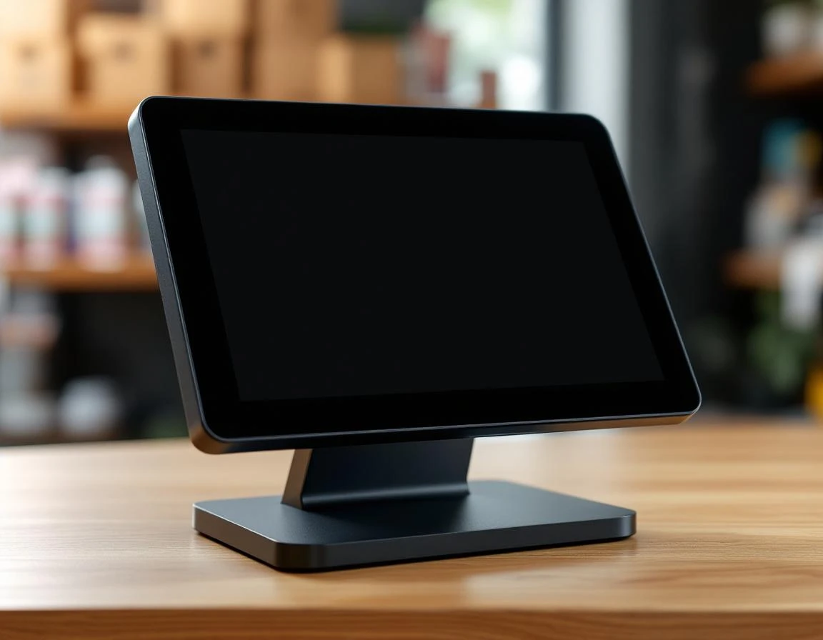 Modern point-of-sale terminal on retail counter with natural lighting showing hardware quality