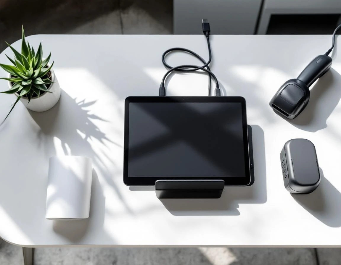 Modern POS terminal equipment and accessories arranged on retail workspace with professional lighting