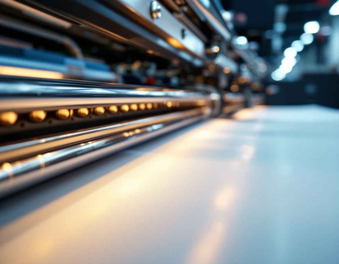 Close-up of commercial printing press rollers processing eco-certified recycled paper stock in LED-lit facility