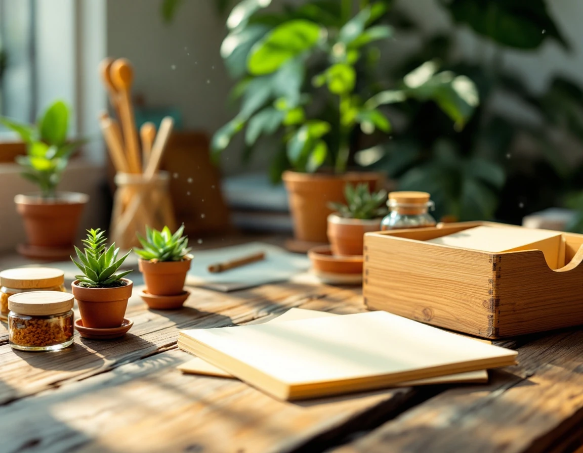 Sustainable print shop workspace with eco-friendly papers, natural materials, and organized desk under window light