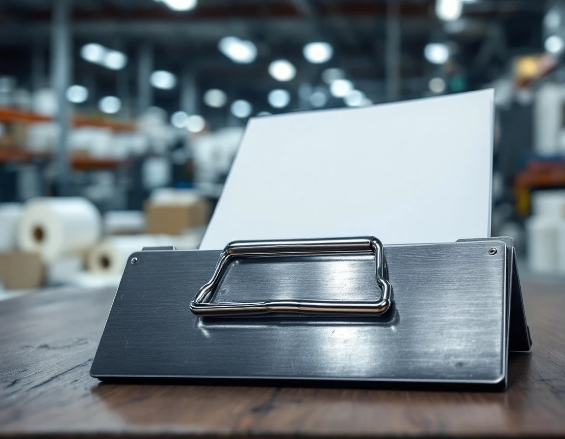 Metal clipboard with blank paper on printing facility workstation showing industrial workspace detail