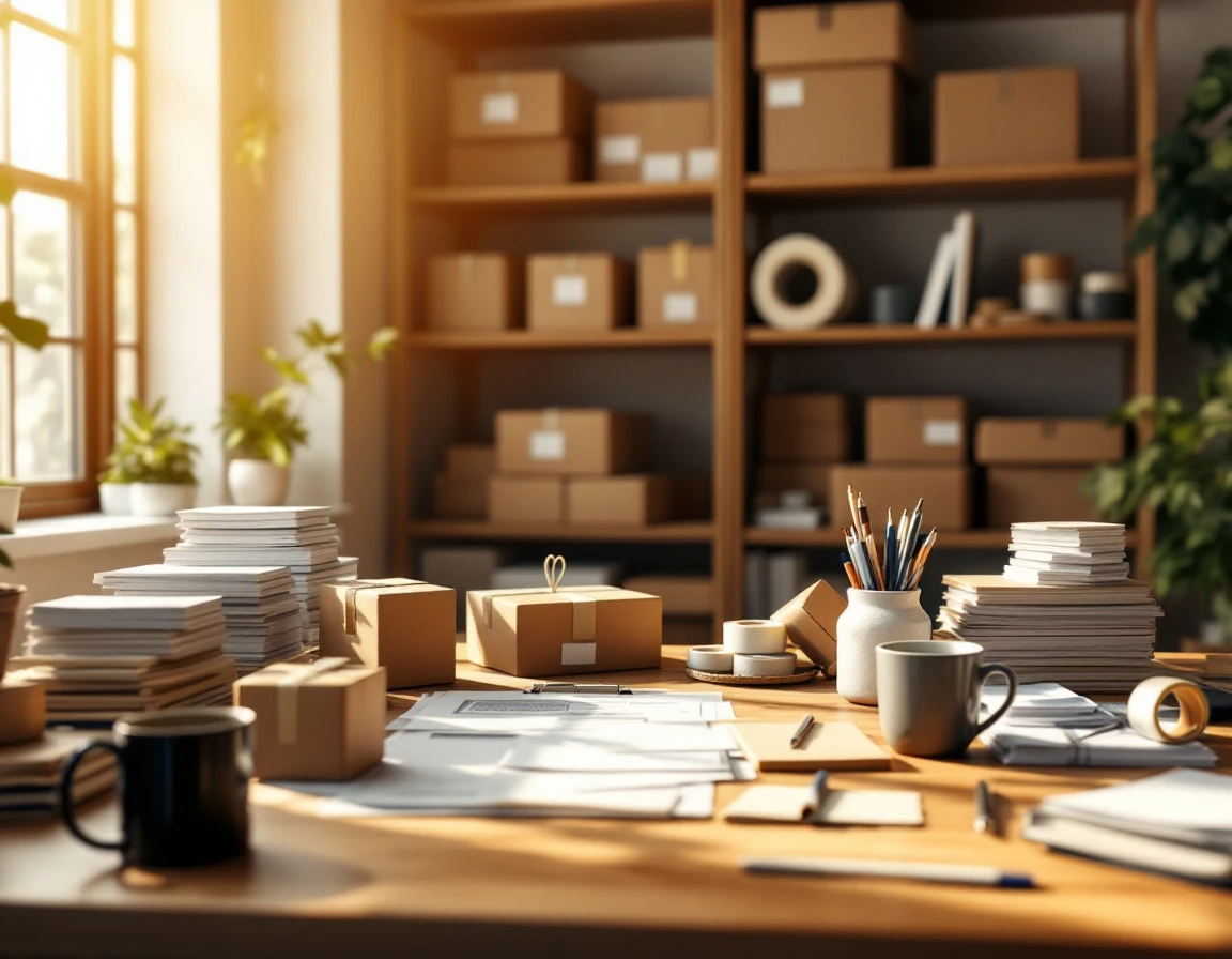 Organized pack-and-ship workspace with shipping materials and inventory shelving in natural afternoon light