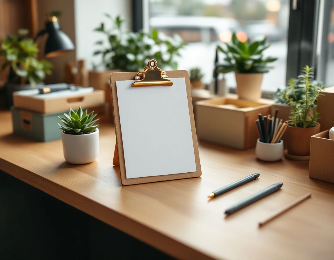 Organized wooden desk workspace with clipboard and storage boxes in modern small business office