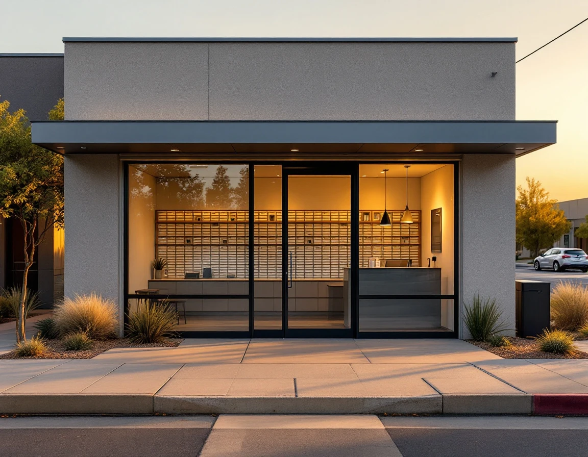 Modern mailbox rental business storefront with glass frontage during golden hour lighting