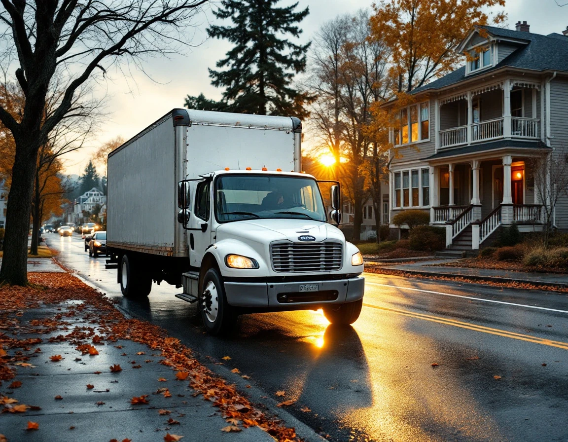 Delivery truck on residential street during golden hour with craftsman homes in background