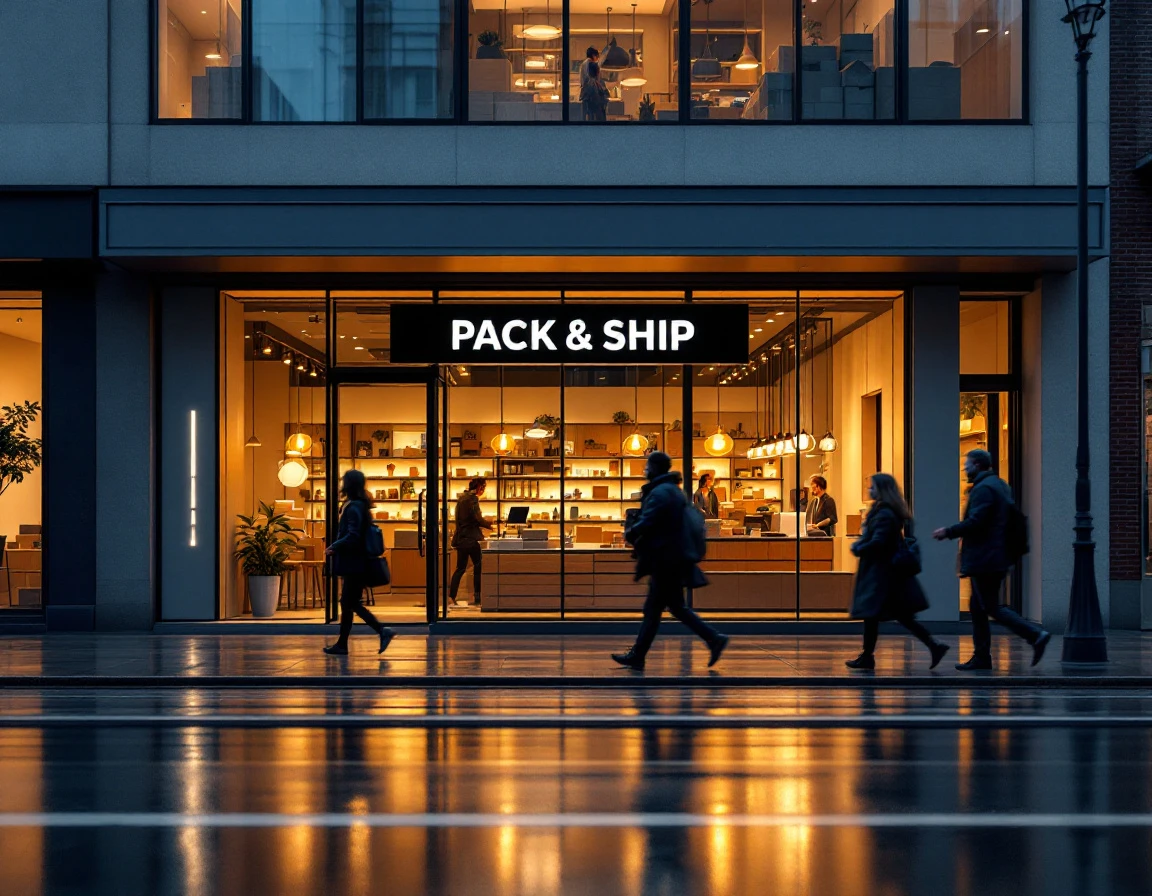 Pack-and-ship retail storefront with customers on wet urban street in early morning light