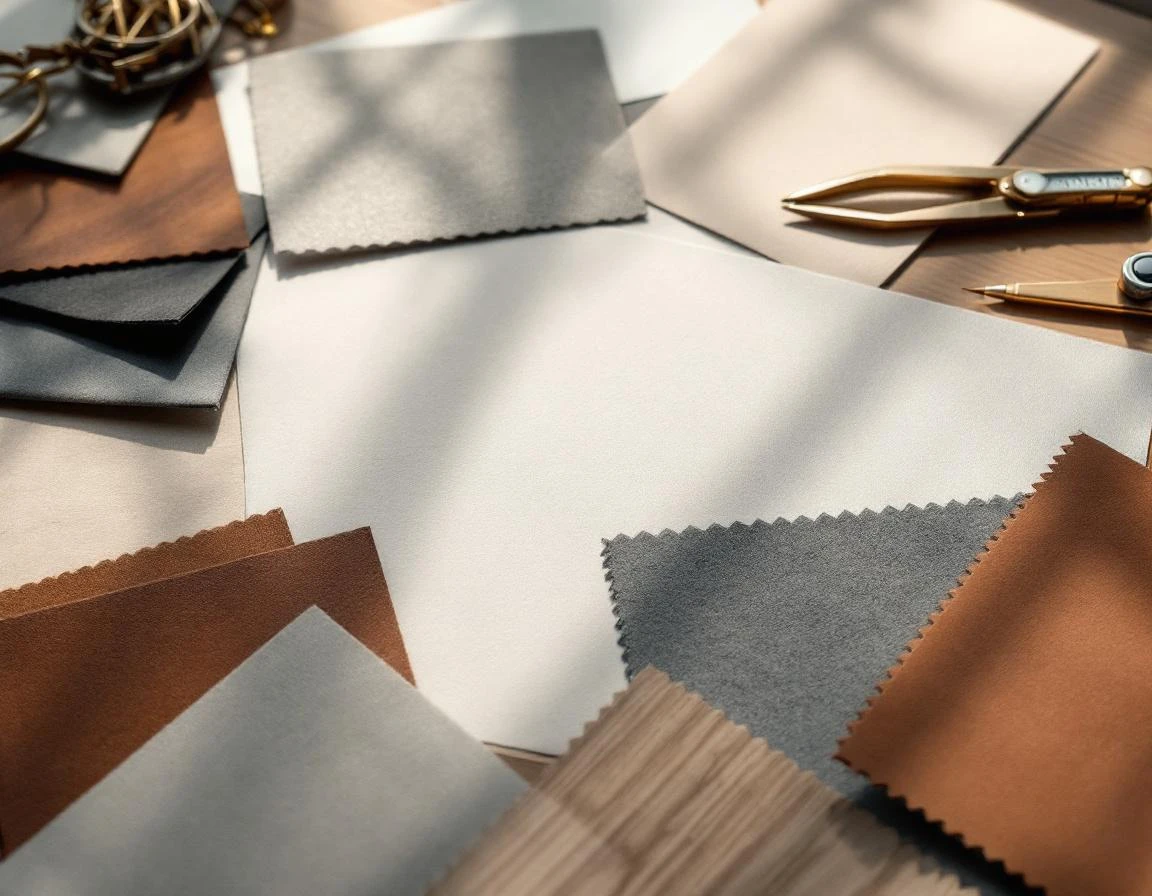 Premium material samples and quality tools arranged on wooden desk showing craftsmanship focus