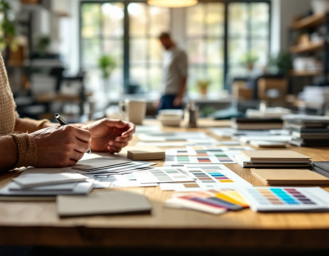 Print consultant and client reviewing tactile paper samples and business card mockups on wooden consultation table