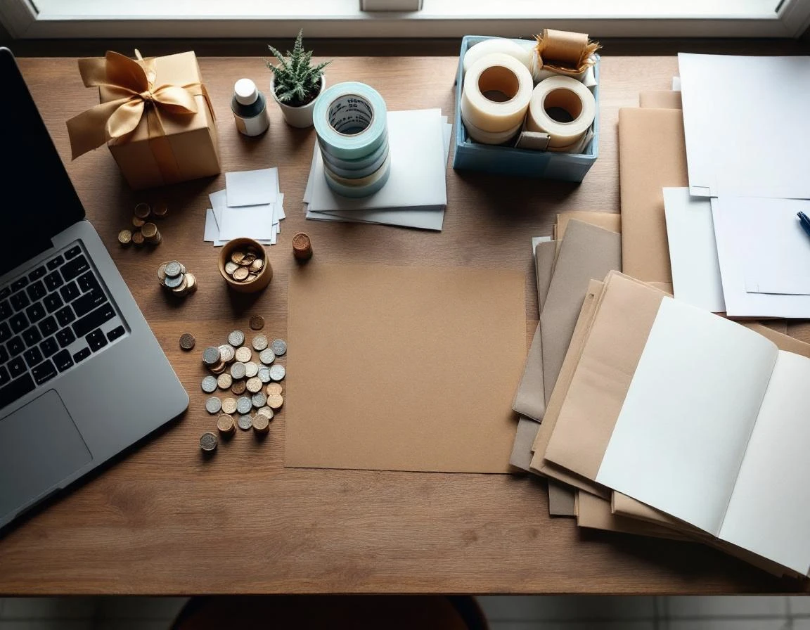 Organized retail workspace showing coins, shipping supplies, and blank papers representing cash flow timing challenges