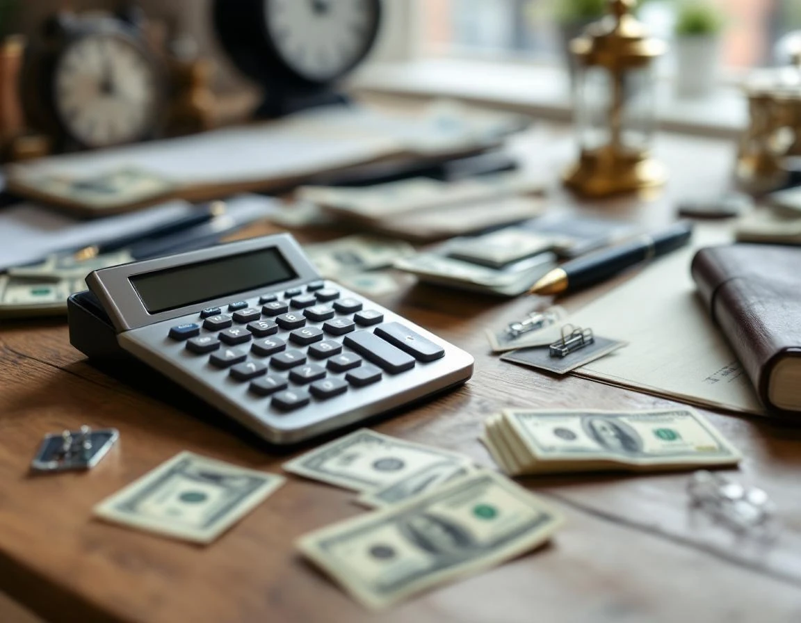 Calculator and cash management tools arranged on vintage wooden desk with natural lighting