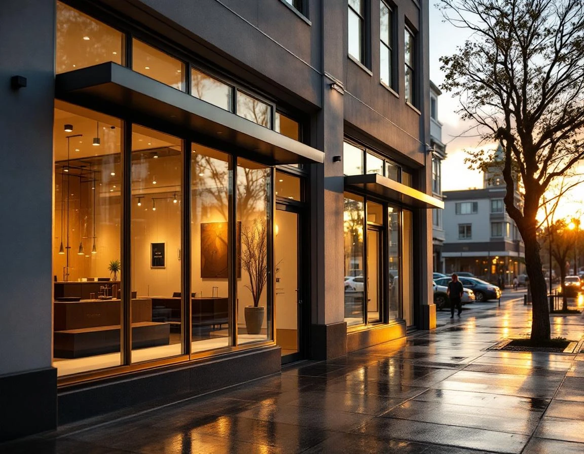 Modern commercial storefront with glass windows at golden hour in Pacific Northwest business district