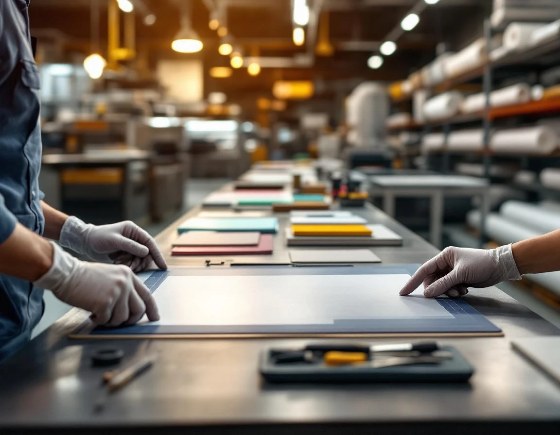 Sign production workspace with blank materials and precision tools arranged on commercial workbench