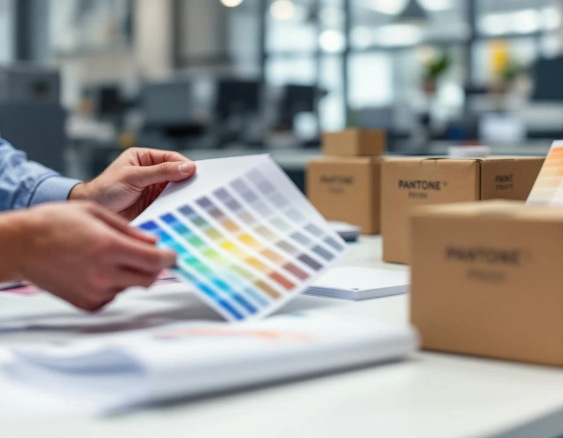 Print shop professional examining color samples and paper stock materials for trade show printing projects