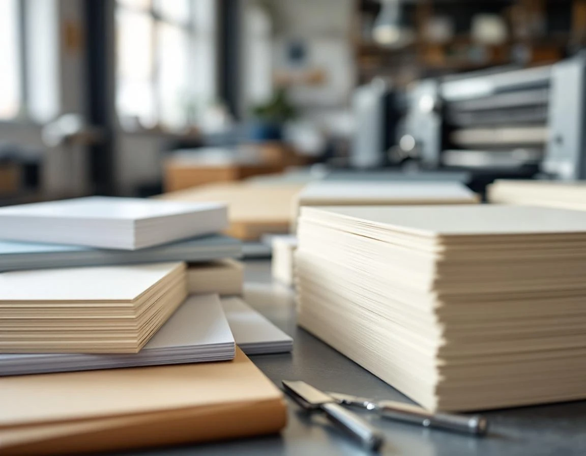 Print shop workspace with business card stock, cutting tools, paper samples, and printing equipment