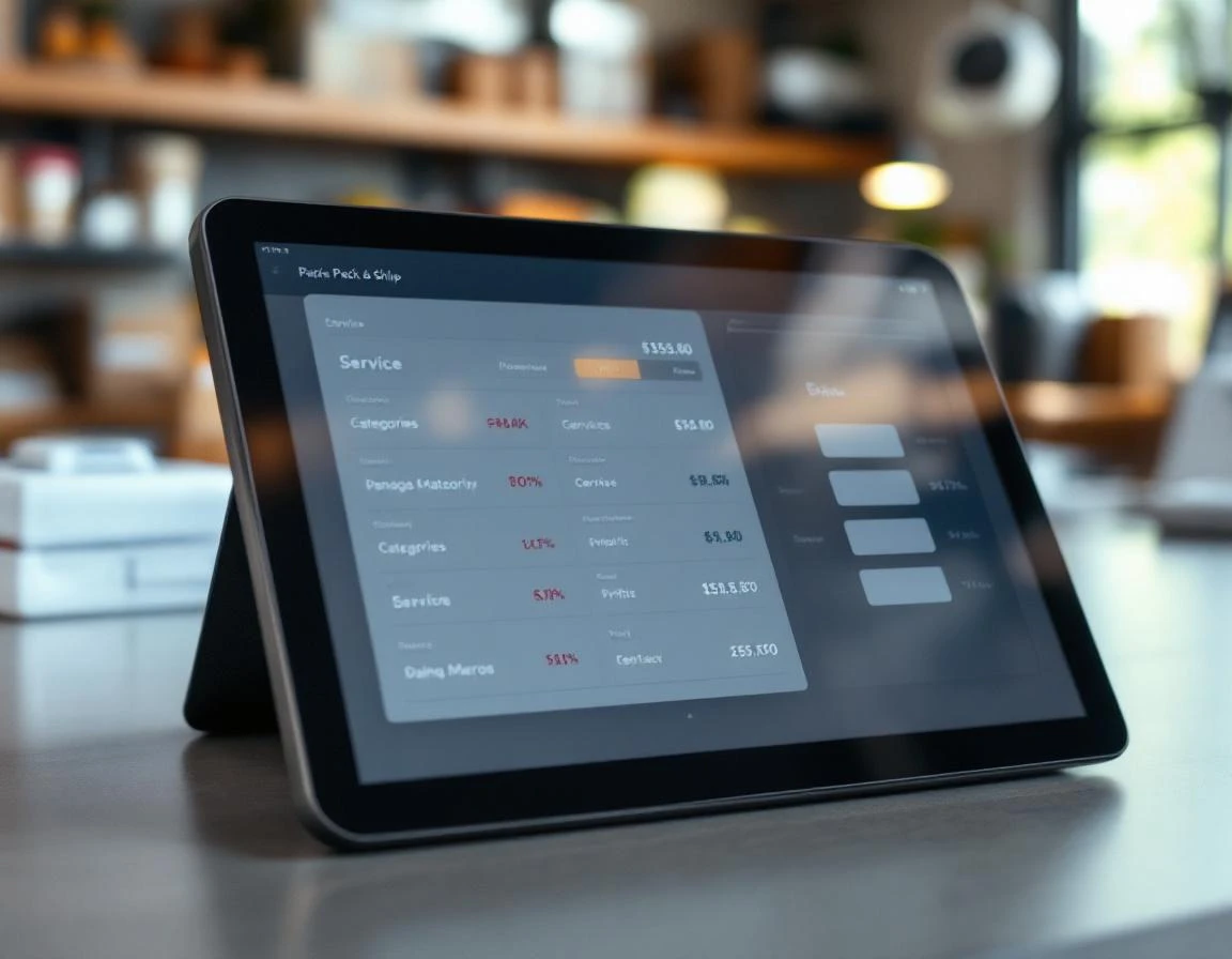 Point-of-sale tablet showing service transaction breakdown on pack-and-ship store counter with professional retail workspace