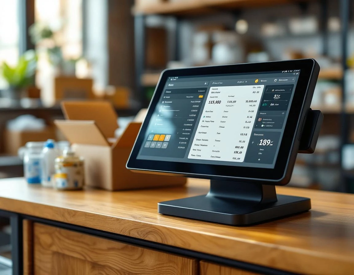 POS terminal displaying itemized service fees on retail counter in pack-and-ship store environment