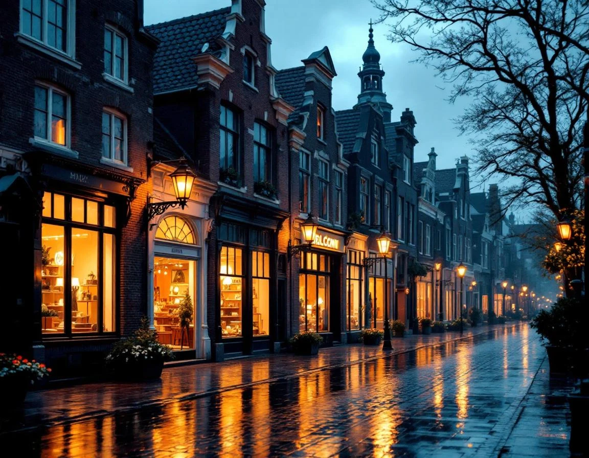 Evening retail street with historic storefronts glowing warmly, anonymous shopfronts reflecting on wet cobblestones