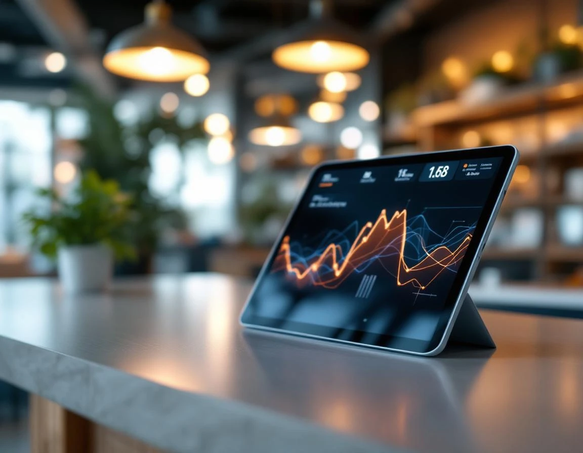 Tablet displaying abstract payment dashboard interface on modern retail counter with warm ambient lighting