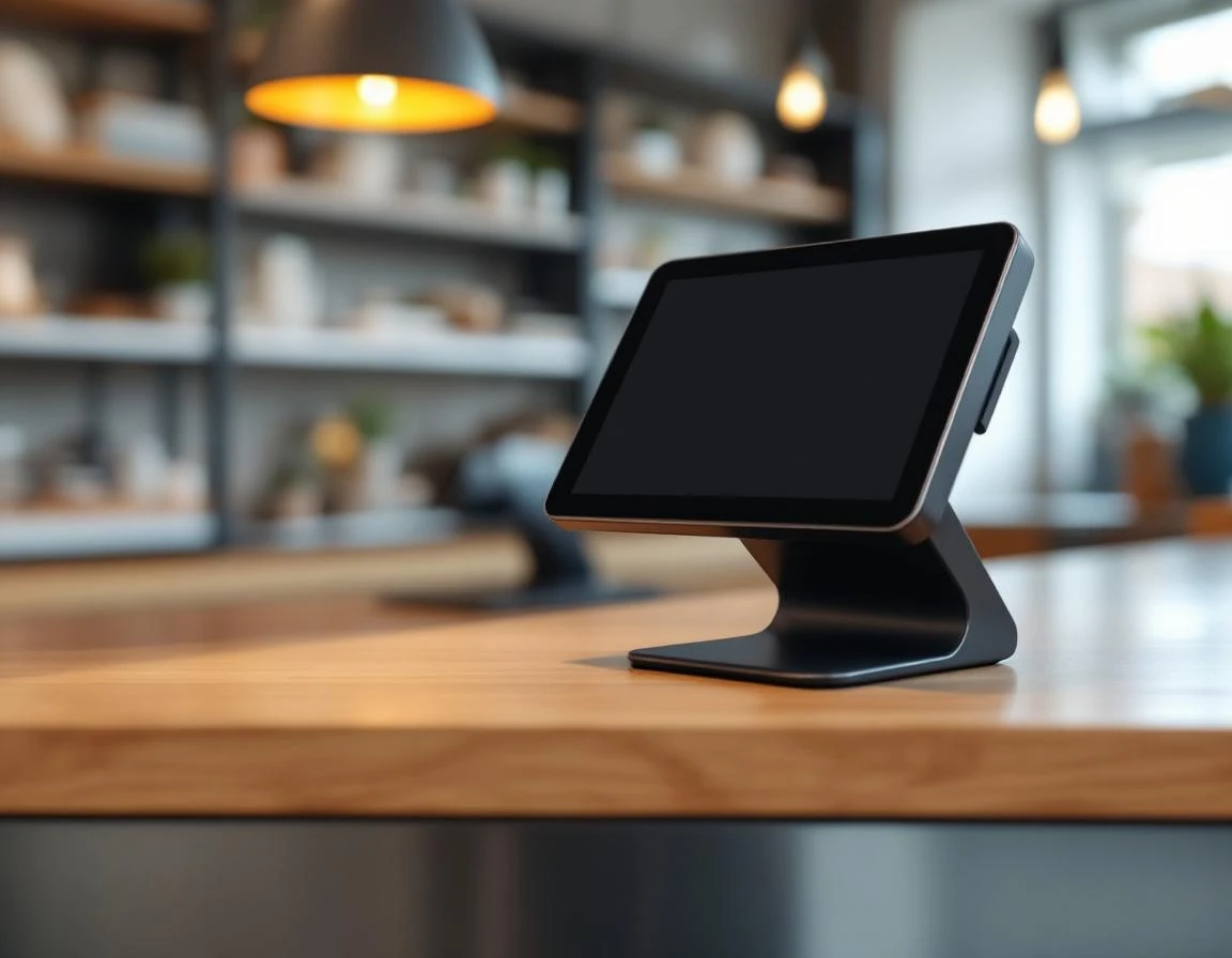 Payment terminal on retail counter with screen turned away in modern shop interior with pendant lighting