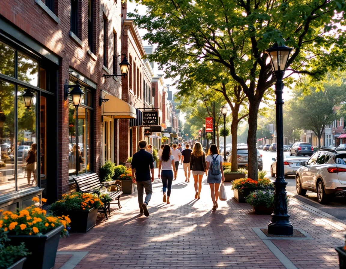 Brick-lined neighborhood retail street with summer foot traffic and tree-shaded storefronts