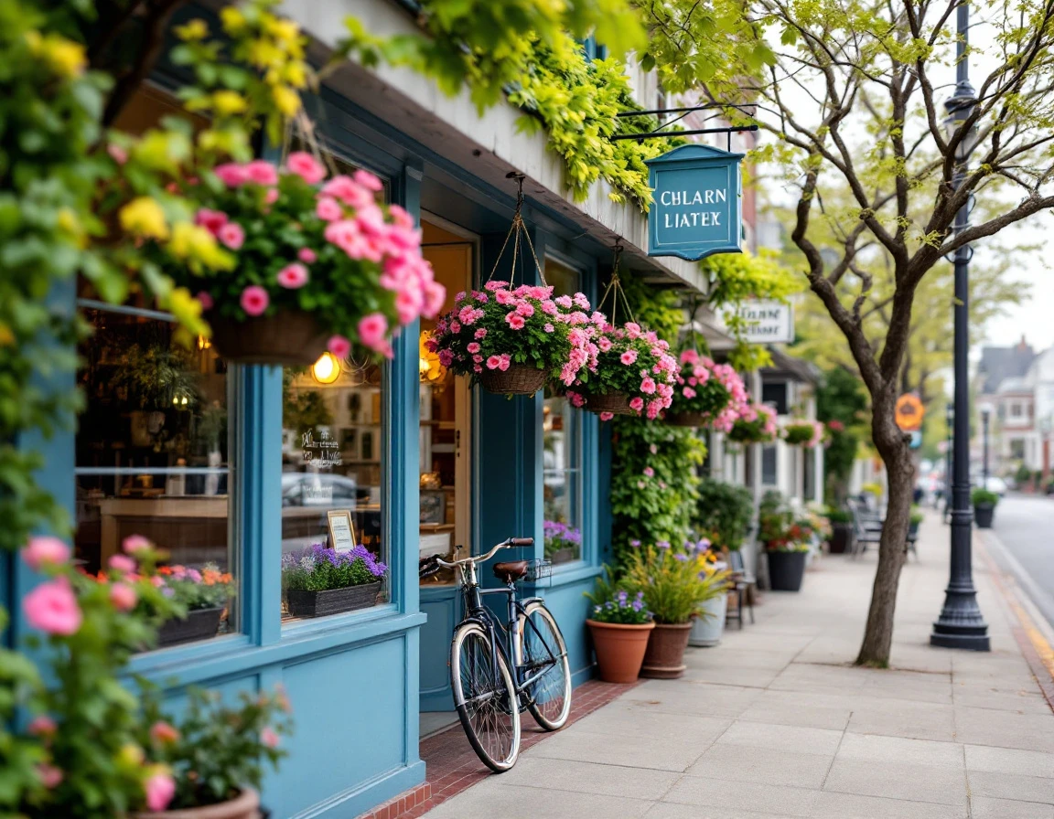 Local retail storefront with seasonal flower baskets and tree-lined street during spring hiring season