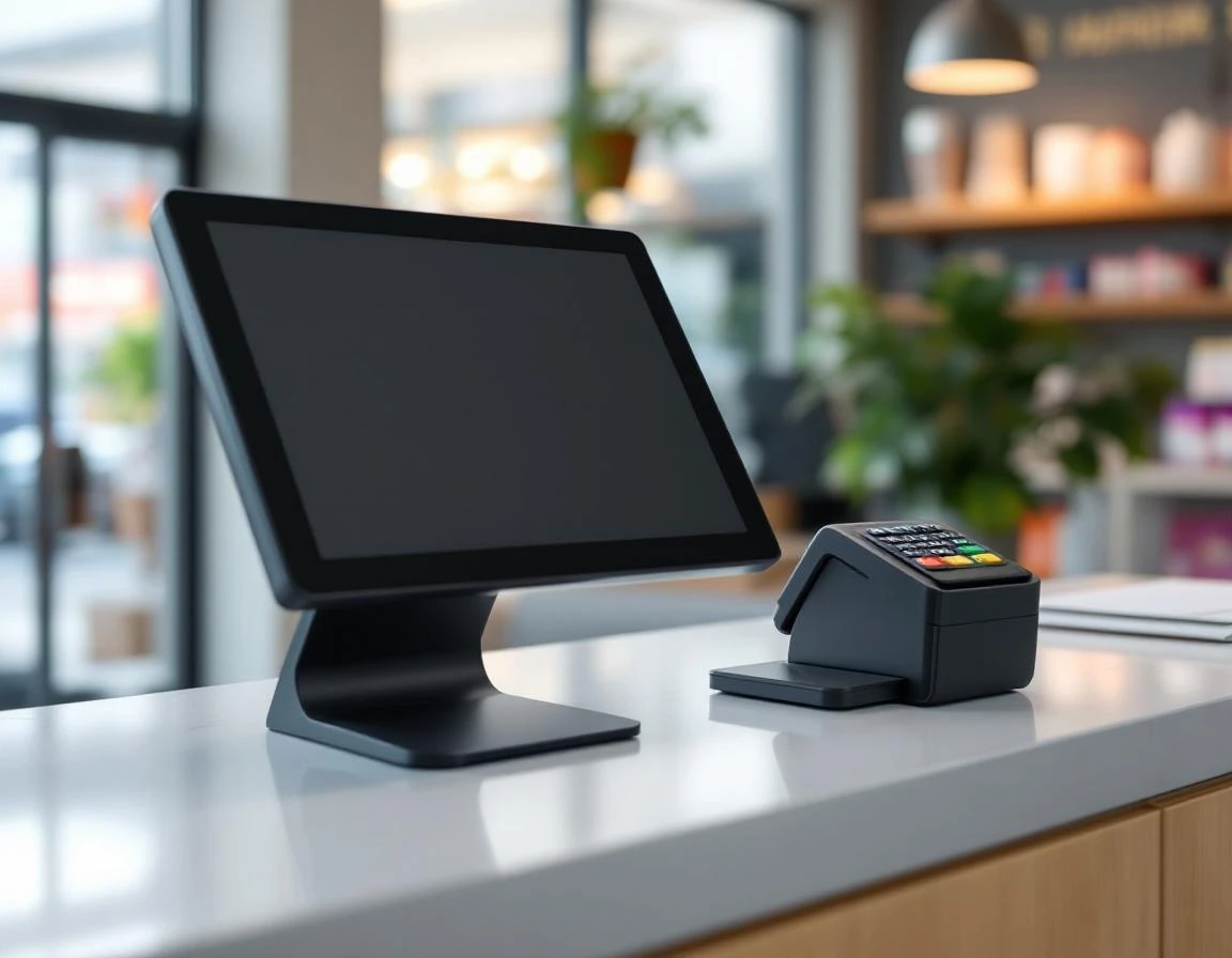 Modern contactless payment terminal on retail checkout counter with natural lighting
