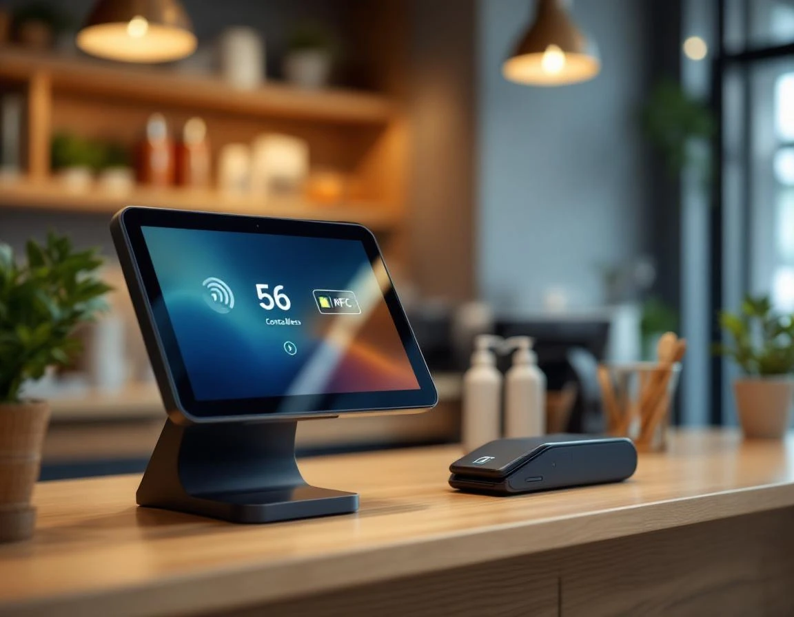 Modern contactless payment terminal with smartphone positioned for digital wallet transaction at retail counter