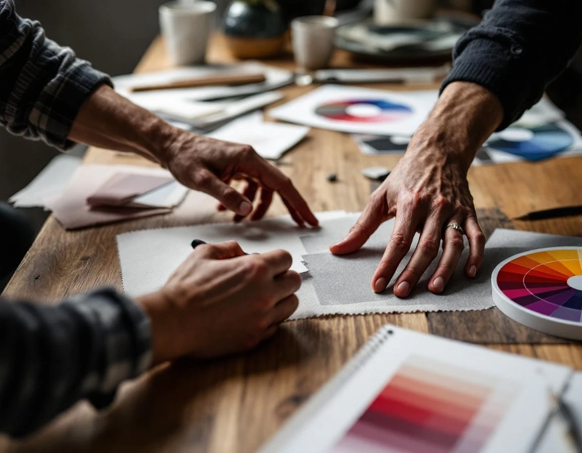 Designer hands reviewing material samples on wooden table during print shop consultation session
