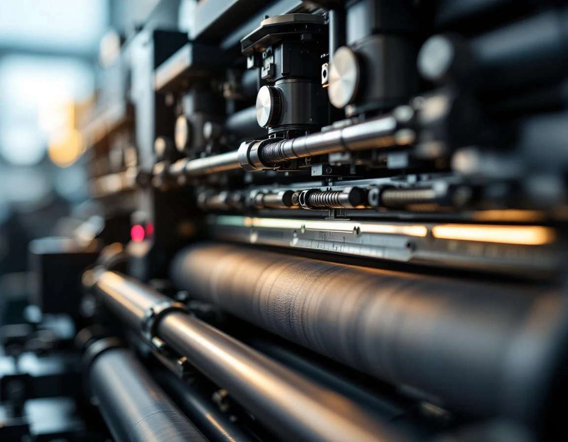 Professional printing press mechanism showing precision rollers and ink distribution components in macro detail