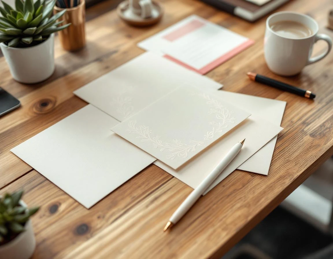 Wedding invitations and seasonal announcement cards arranged on wooden desk with calligraphy pen and coffee mug