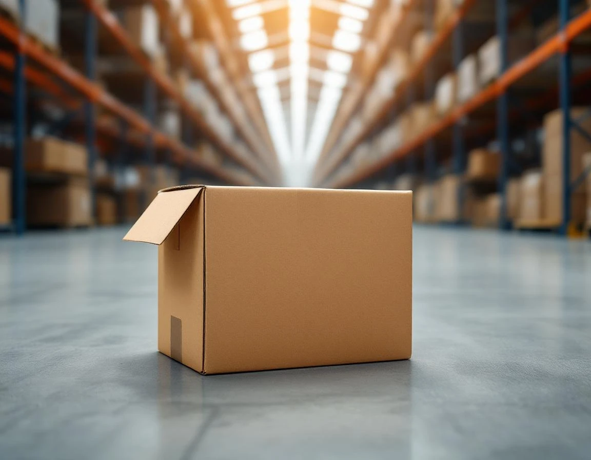 Cardboard shipping box on warehouse floor under natural lighting with industrial shelving in background