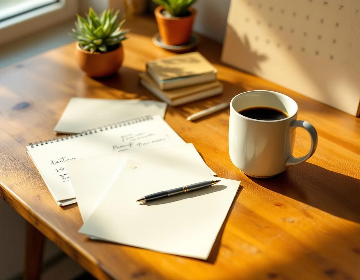 Home office desk with planning materials, coffee, and notebooks in natural morning light