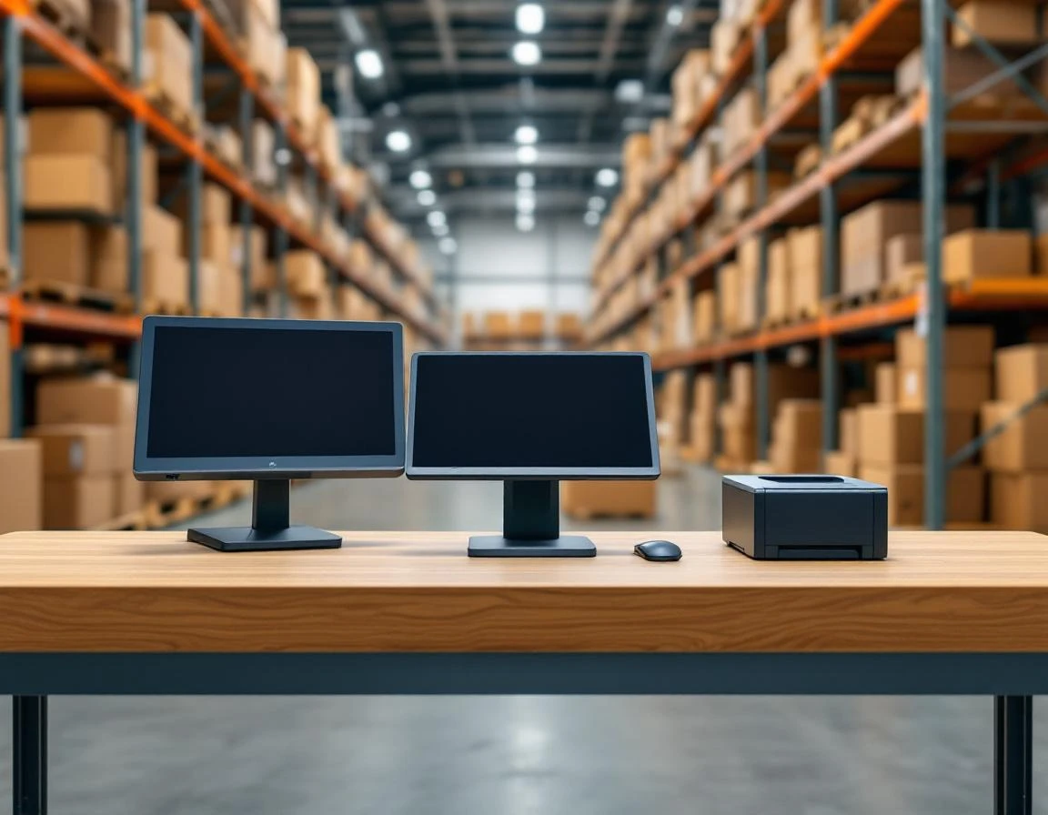 Modern warehouse fulfillment workstation with POS terminal, thermal printer, and organized shipping inventory