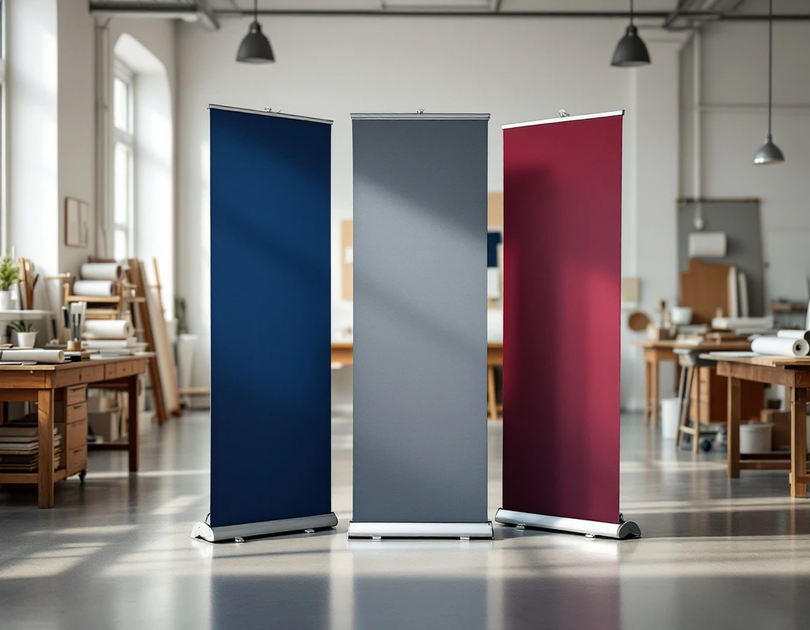 Professional retractable banner stands in print shop with natural lighting and matte fabric finishes
