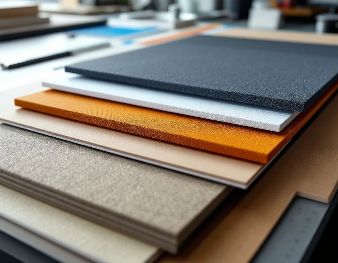 Trade show display material samples including fabric, vinyl, and foam board showing texture and finish options