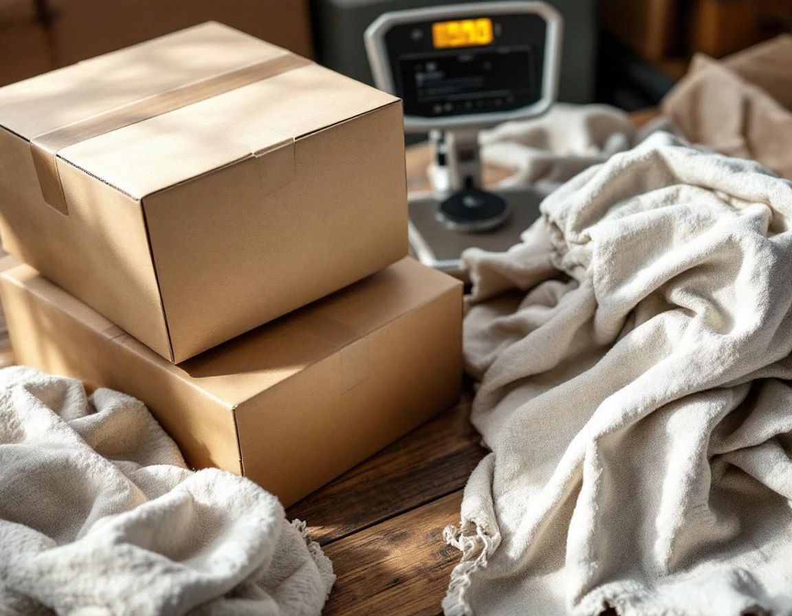 Unmarked shipping boxes and packing materials on warehouse table with natural lighting and authentic texture details