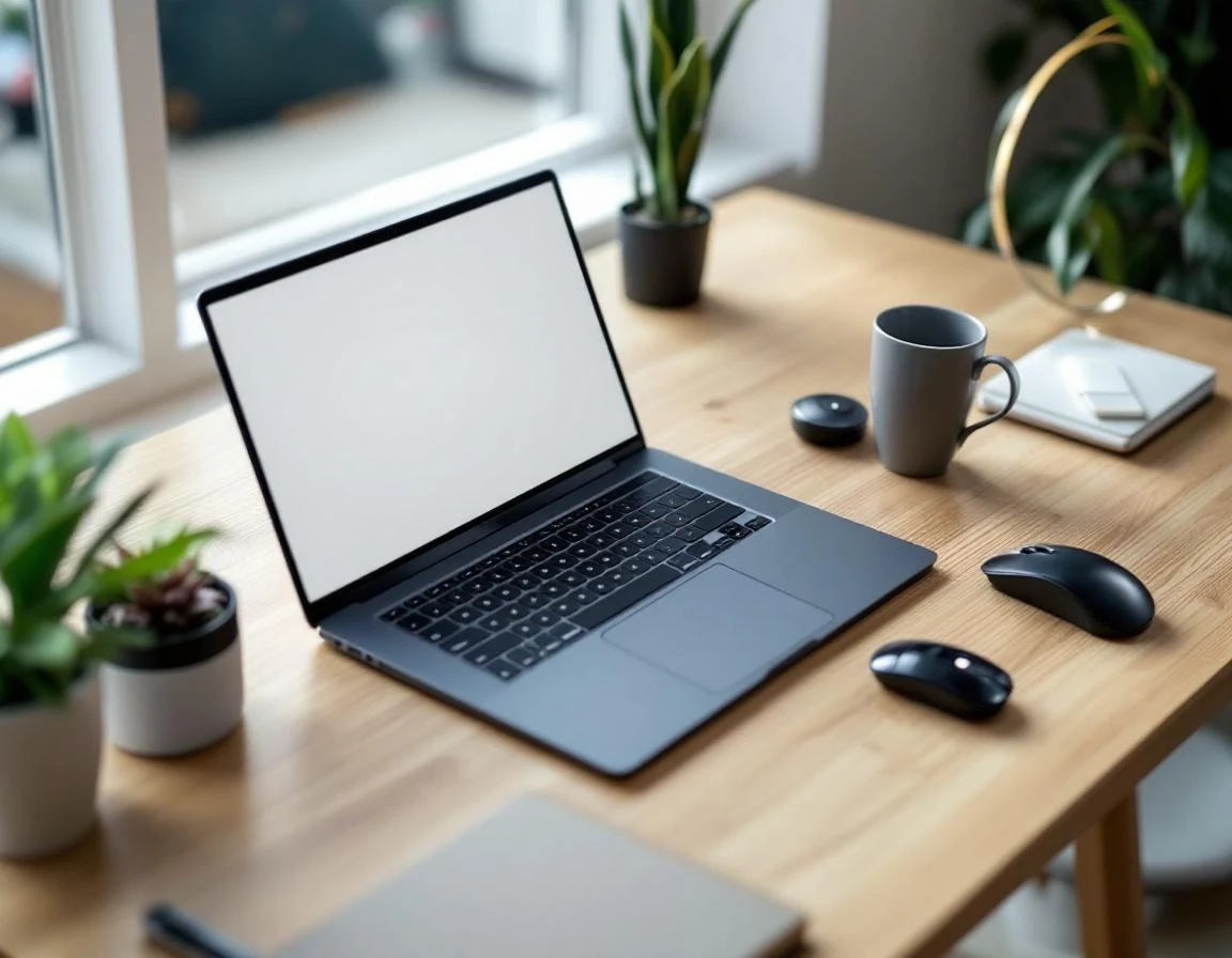 Clean laptop workspace with minimal desk accessories and natural lighting for shipping logistics work