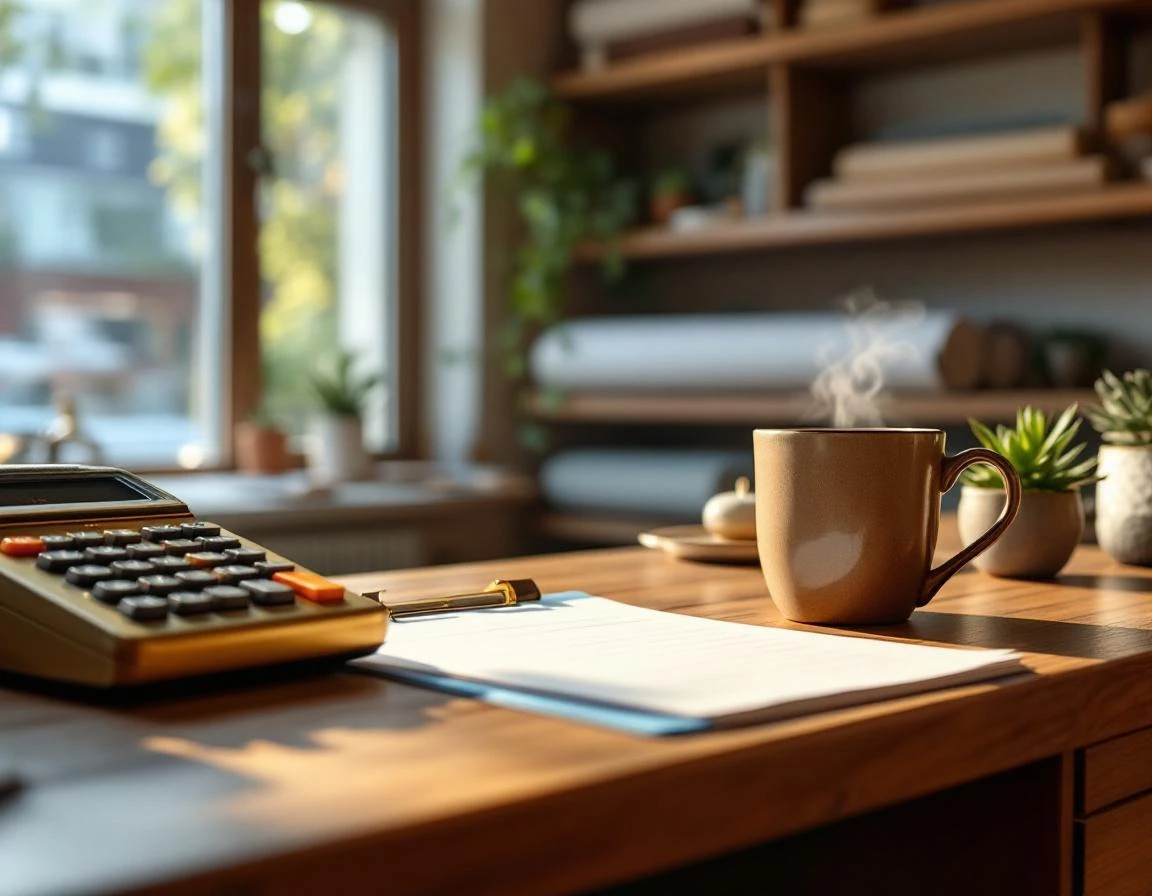 Warm independent shop counter with calculator, coffee, and plants showing personalized small business workspace