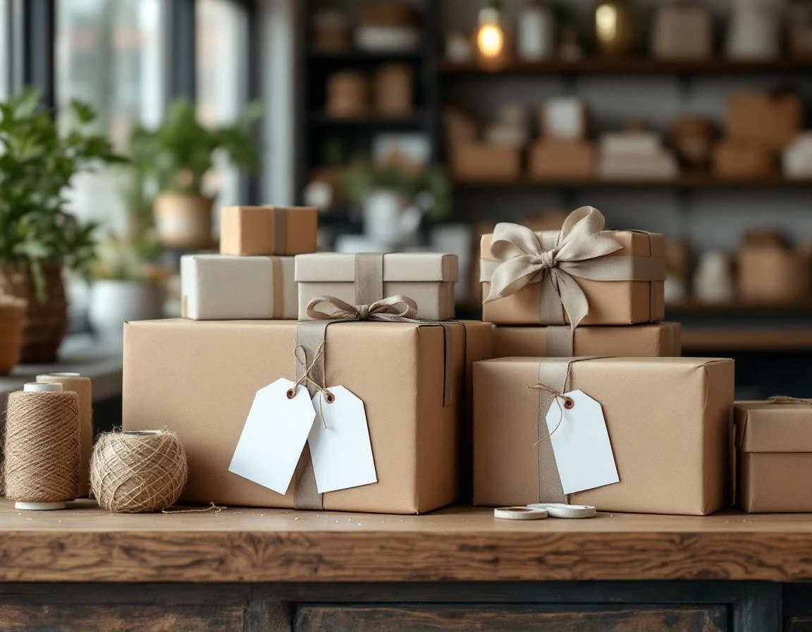 Retail counter displaying bundled gift-wrapping supplies with ribbons, craft paper, and shipping boxes