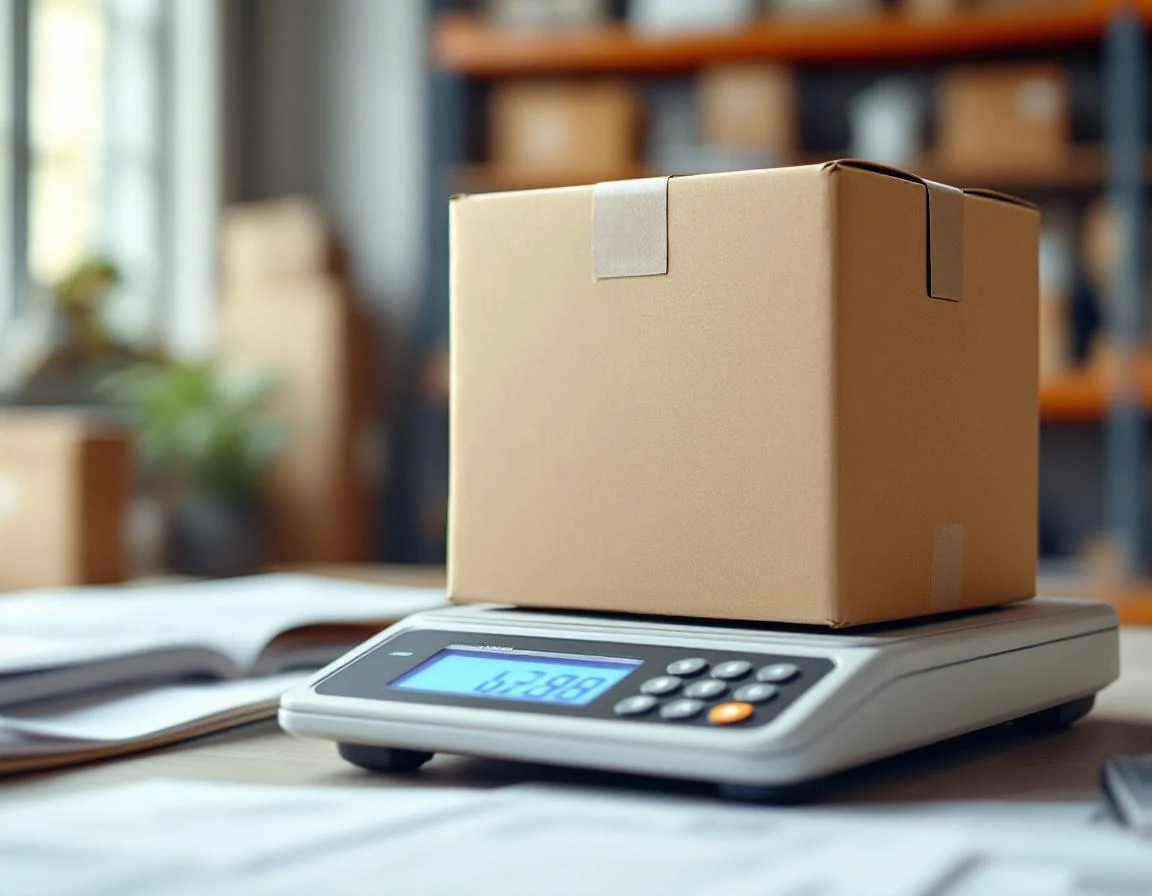 Cardboard package on digital scale in pack-and-ship retail office with warehouse storage in background