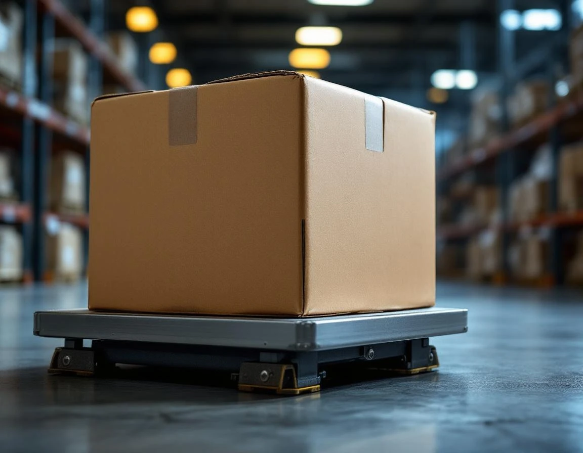 Cardboard box on warehouse scale with display obscured, demonstrating dimensional weight measurement equipment