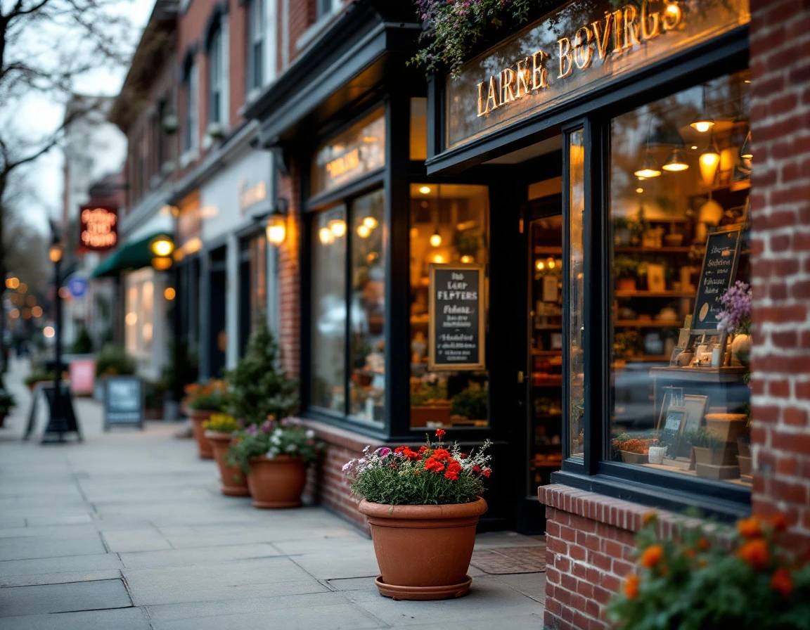 Neighborhood retail storefront with spring planters and softly lit display windows during business hours