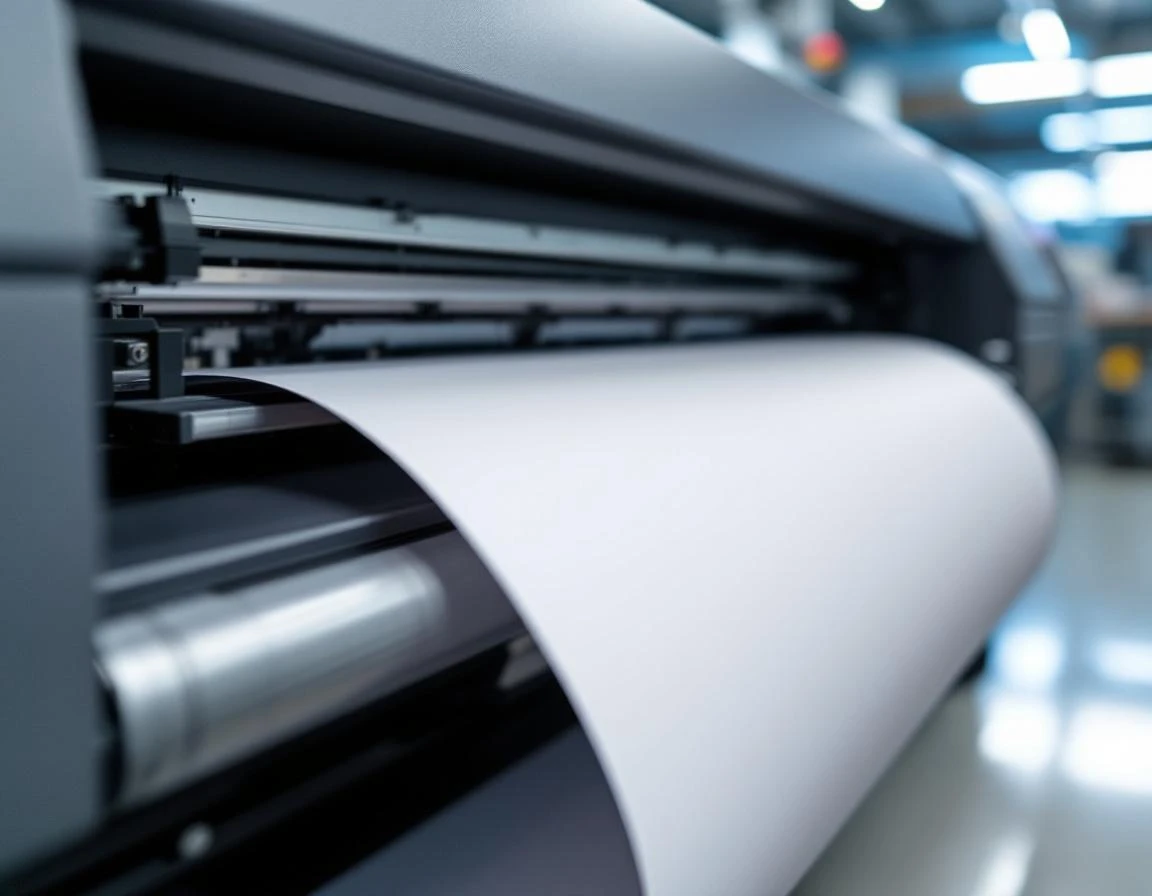 Production inkjet printer mechanism printing commercial materials on wide-format paper roll