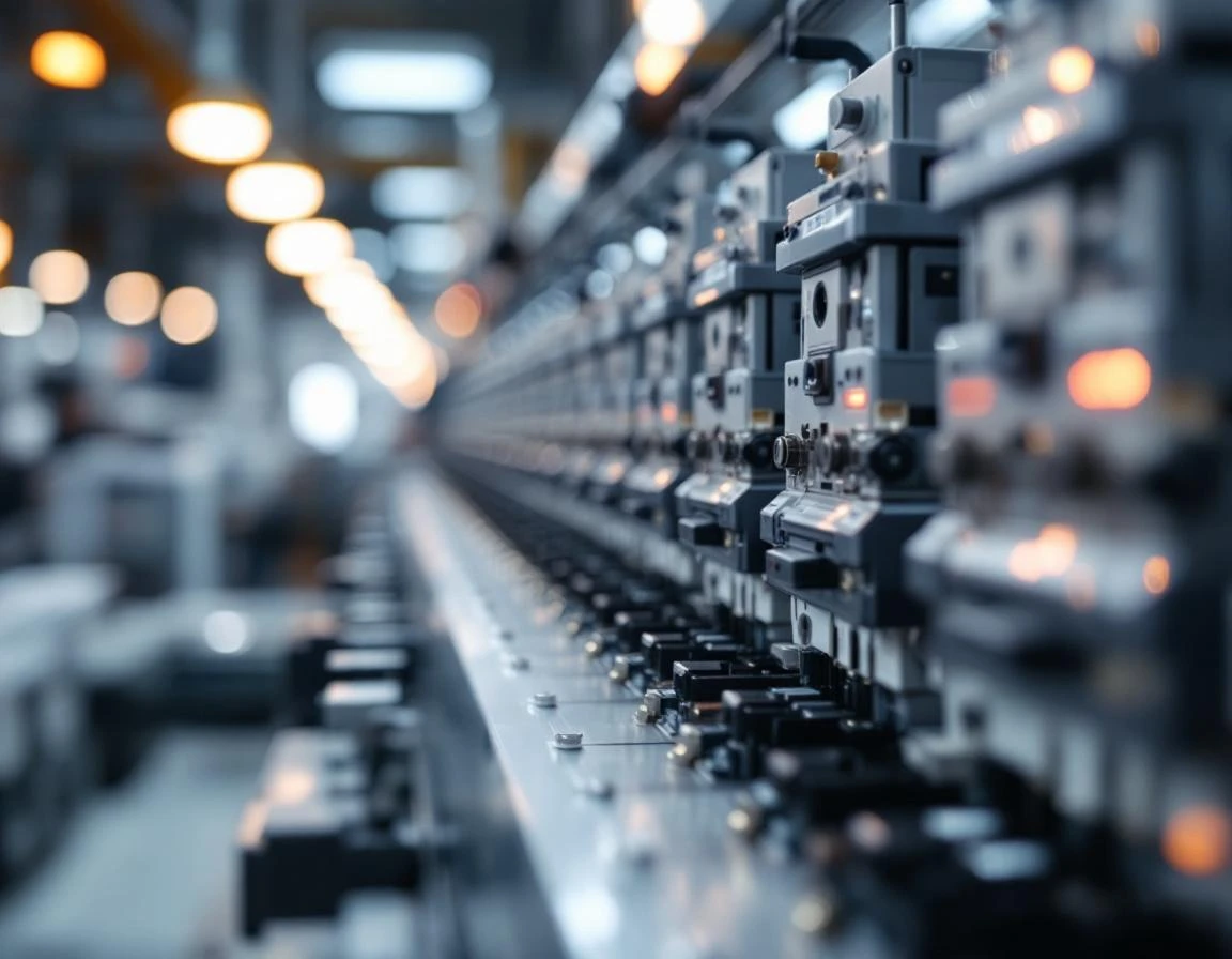 Close-up of production inkjet printer nozzle array and precision components in print facility