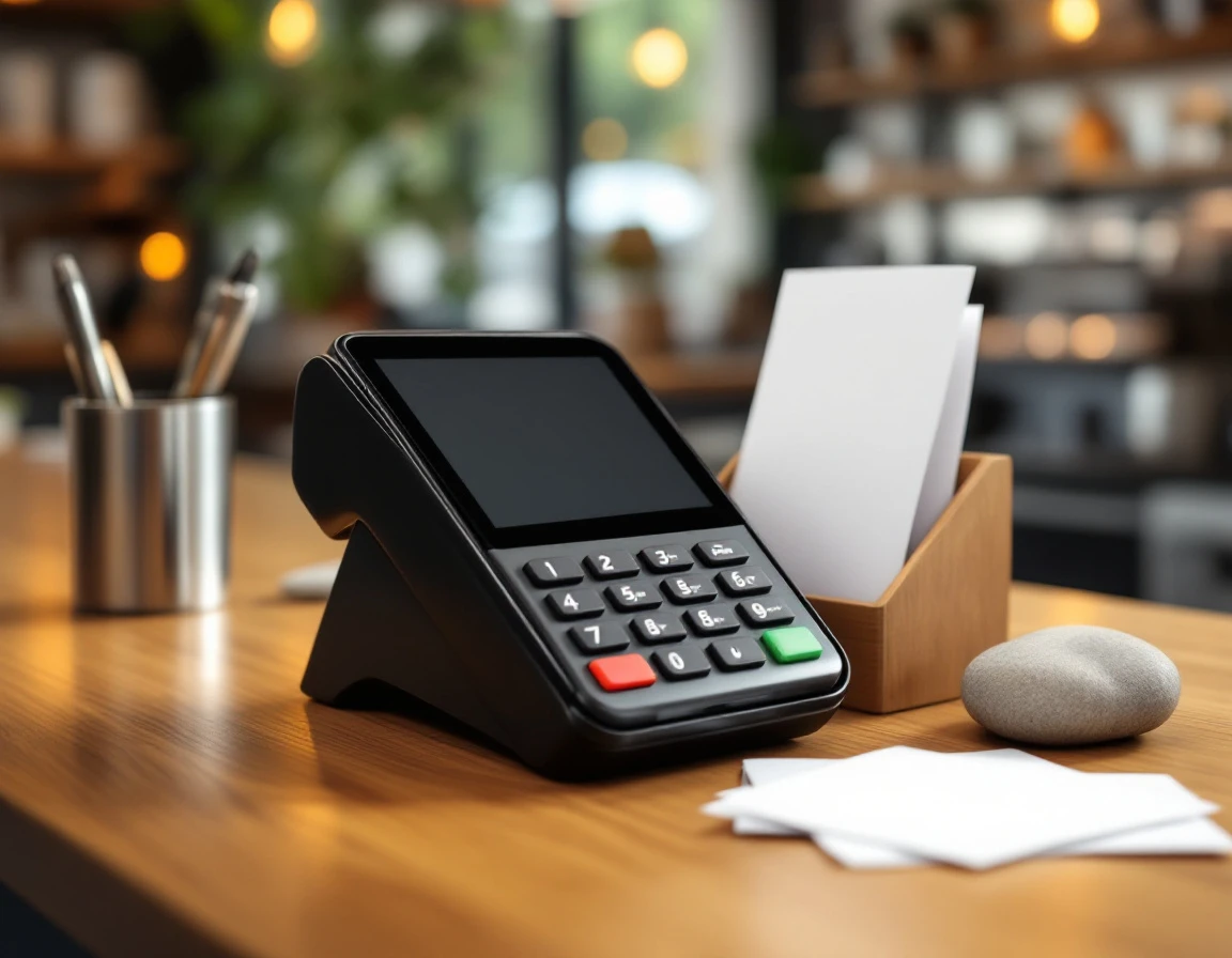 Payment terminal on retail counter with blank receipt papers showing transaction processing equipment