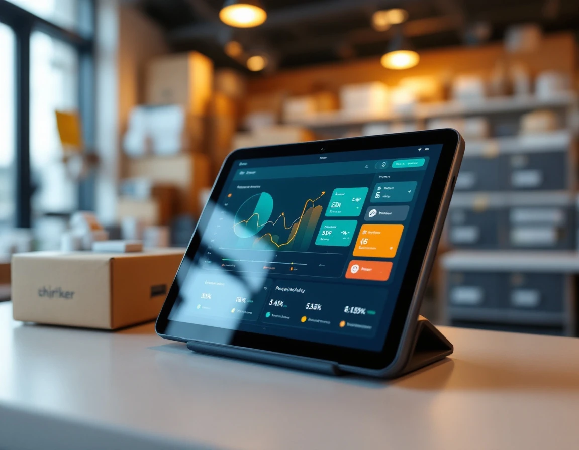 Point-of-sale tablet showing payment routing dashboard with transaction type indicators in retail shipping environment