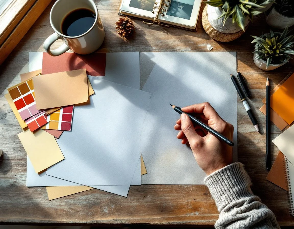 Designer workspace with color swatches and materials for seasonal trade show banner planning