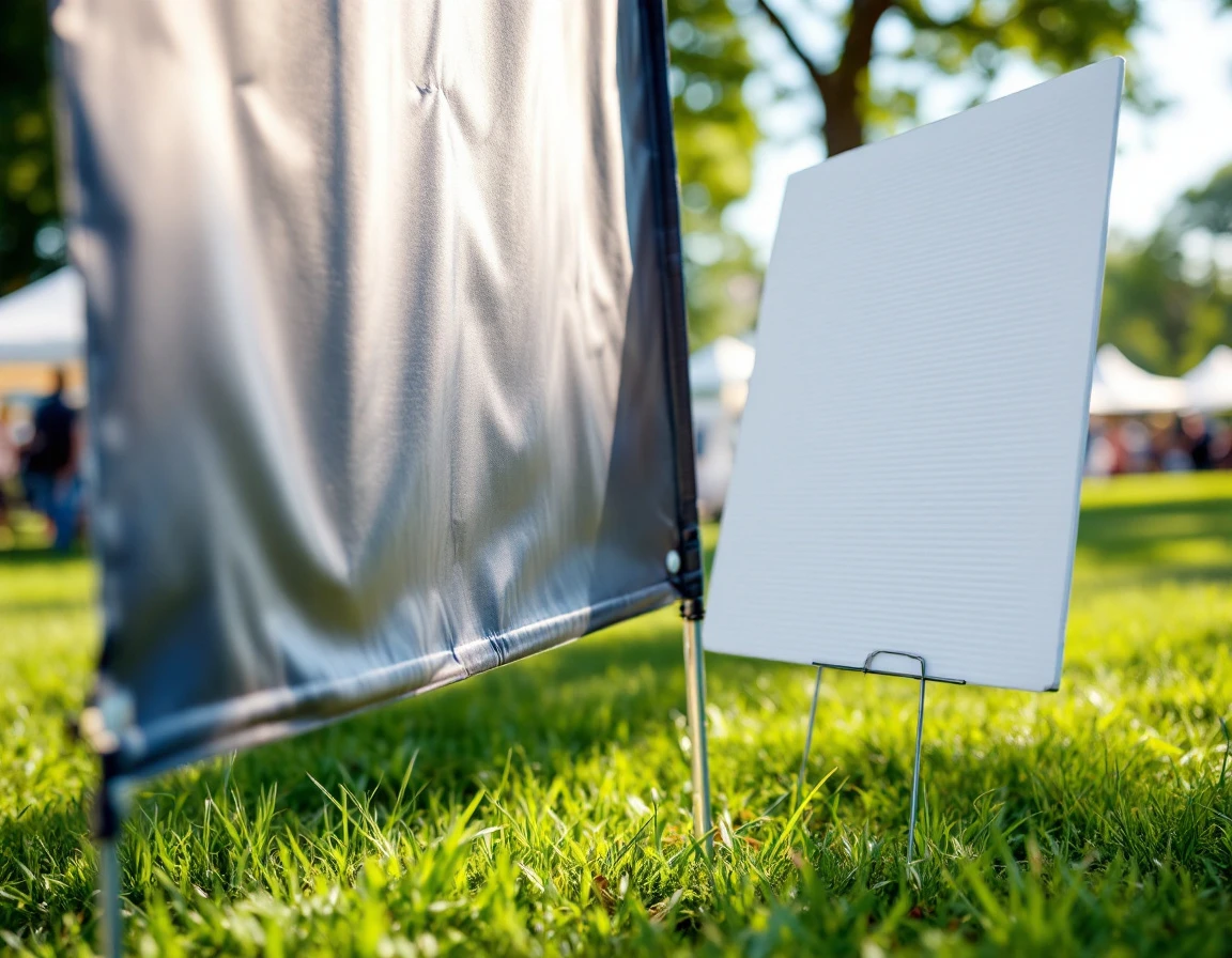 Vinyl banners and yard signs displayed outdoors showing material texture and professional printing quality