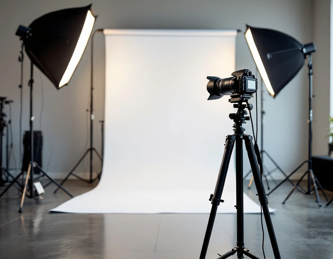 Professional passport photography studio with camera, lighting equipment, and white backdrop setup