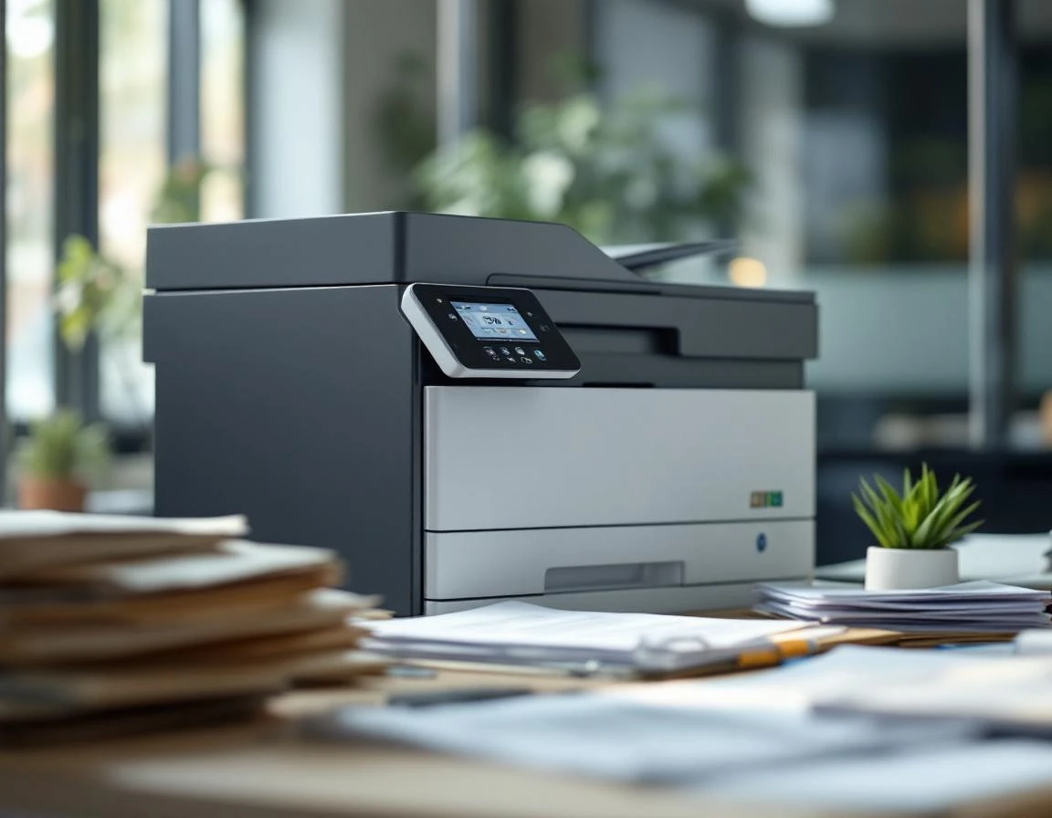 Unmarked office printer with organized document stacks ready for professional scanning and submission